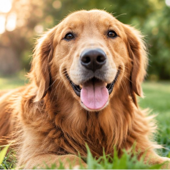 A happy golden retriever lying in sunny grass