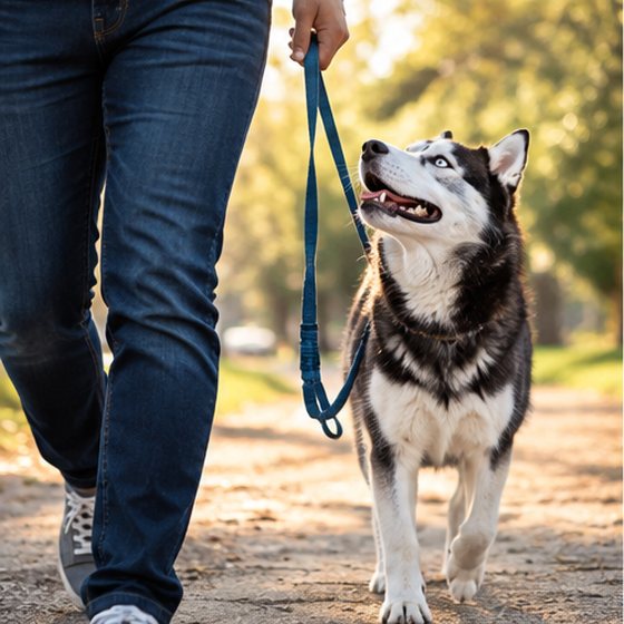 A husky looking up at its owner on a walk