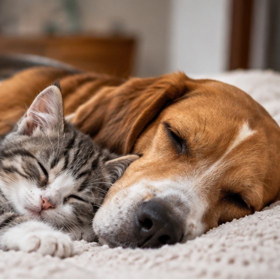 A dog and a kitten asleep together